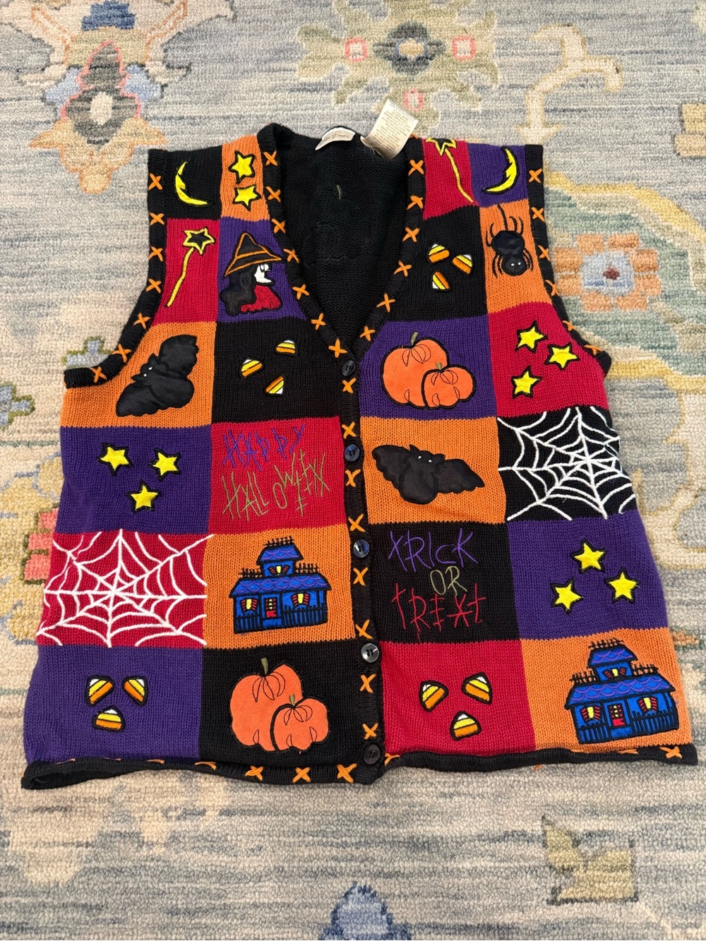 Vintage Bobbie Brooks Halloween sweater vest patchwork L witch pumpkin 90s bat
